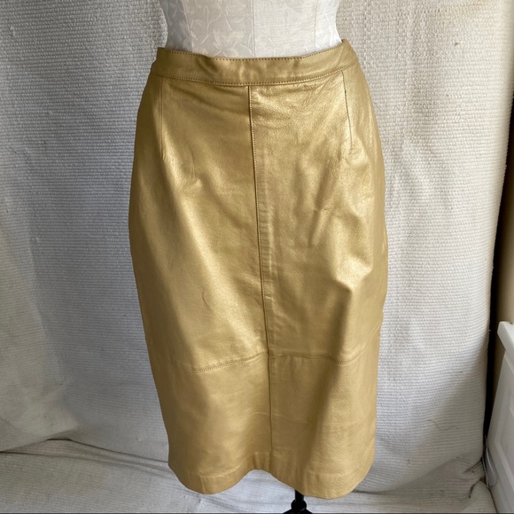 Vintage 90s M Leather Skirt Metallic Gold Pencil - Picture 8 of 8